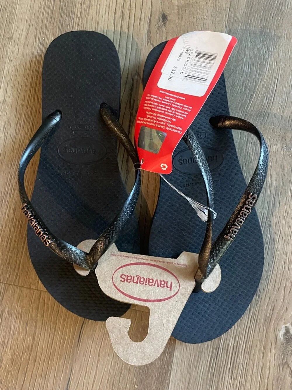 NWT! Havaianas Women's Black Gold Flip-Flop Sandals 6W Beach Resort!